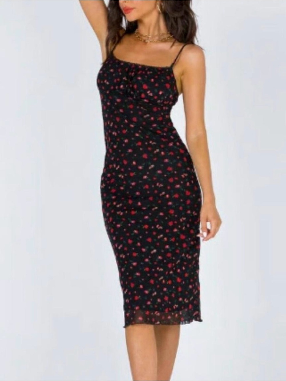 Princess Polly Black Floral Slip Midi Dress with Red Flower Print